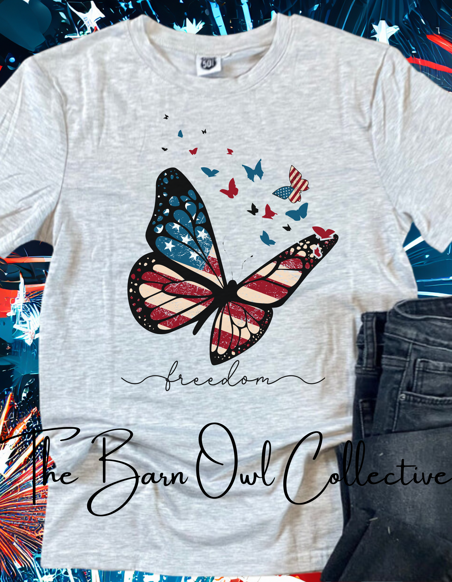 Freedom Butterfly Patriotic Womens Graphic Crewneck T-Shirt