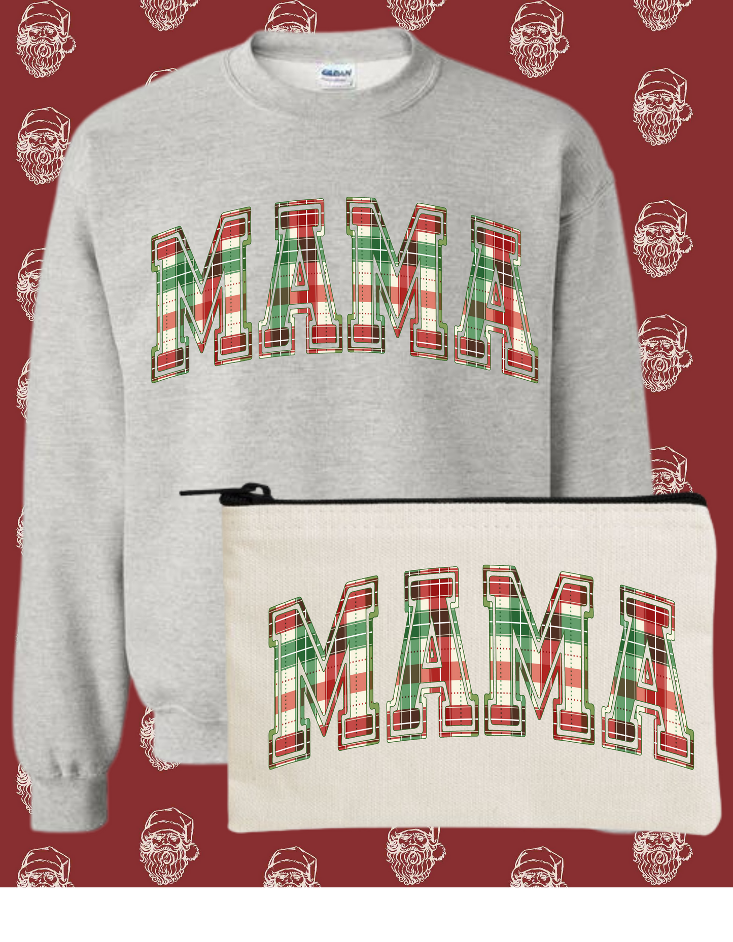Christmas Plaid MAMA Crewneck Sweatshirt with Matching MAMA Zipper Pouch