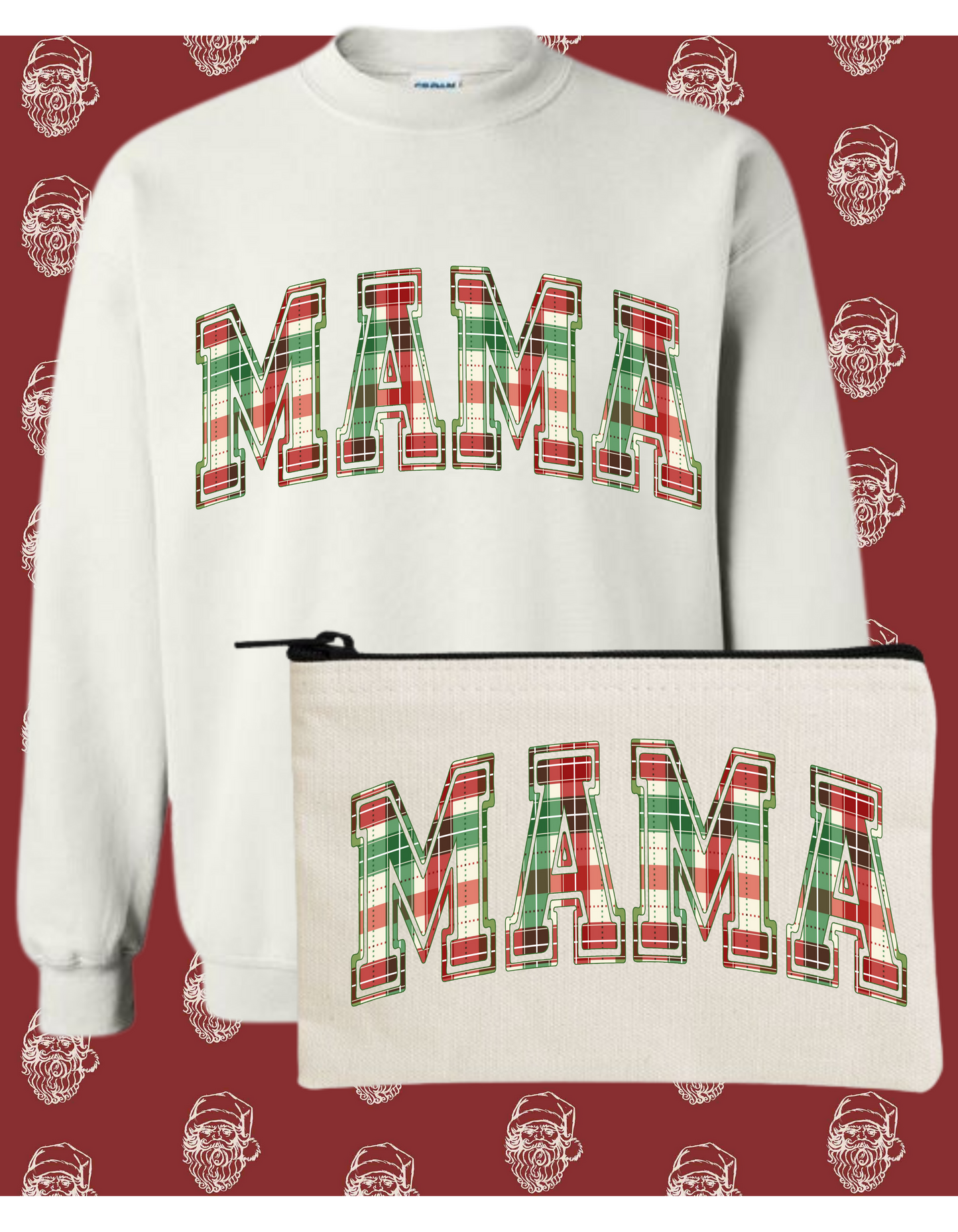 Christmas Plaid MAMA Crewneck Sweatshirt with Matching MAMA Zipper Pouch